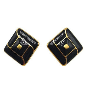 Black Enamel 1980s Runway Square Clip on Earrings Gold Tone Vintage